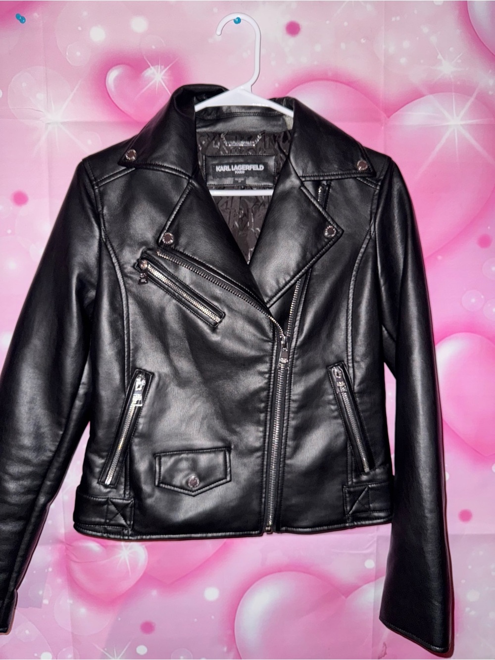 Karl Lagerfeld Black Faux Leather Moto Jacket with Silver Hardware